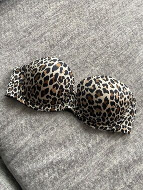 VS Pink Leopard Print Strapless Push-Up Bra - Tan/Black